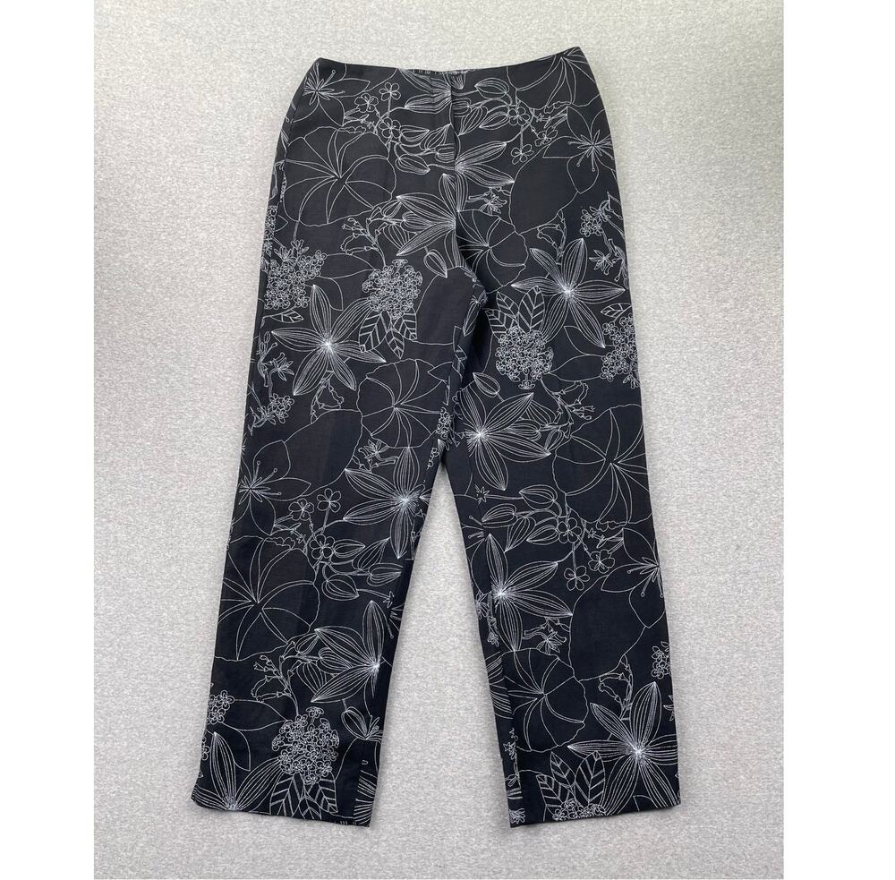 VTG Larry Levine Womens Pants 14 Black White Floral High Rise Straight Ankle